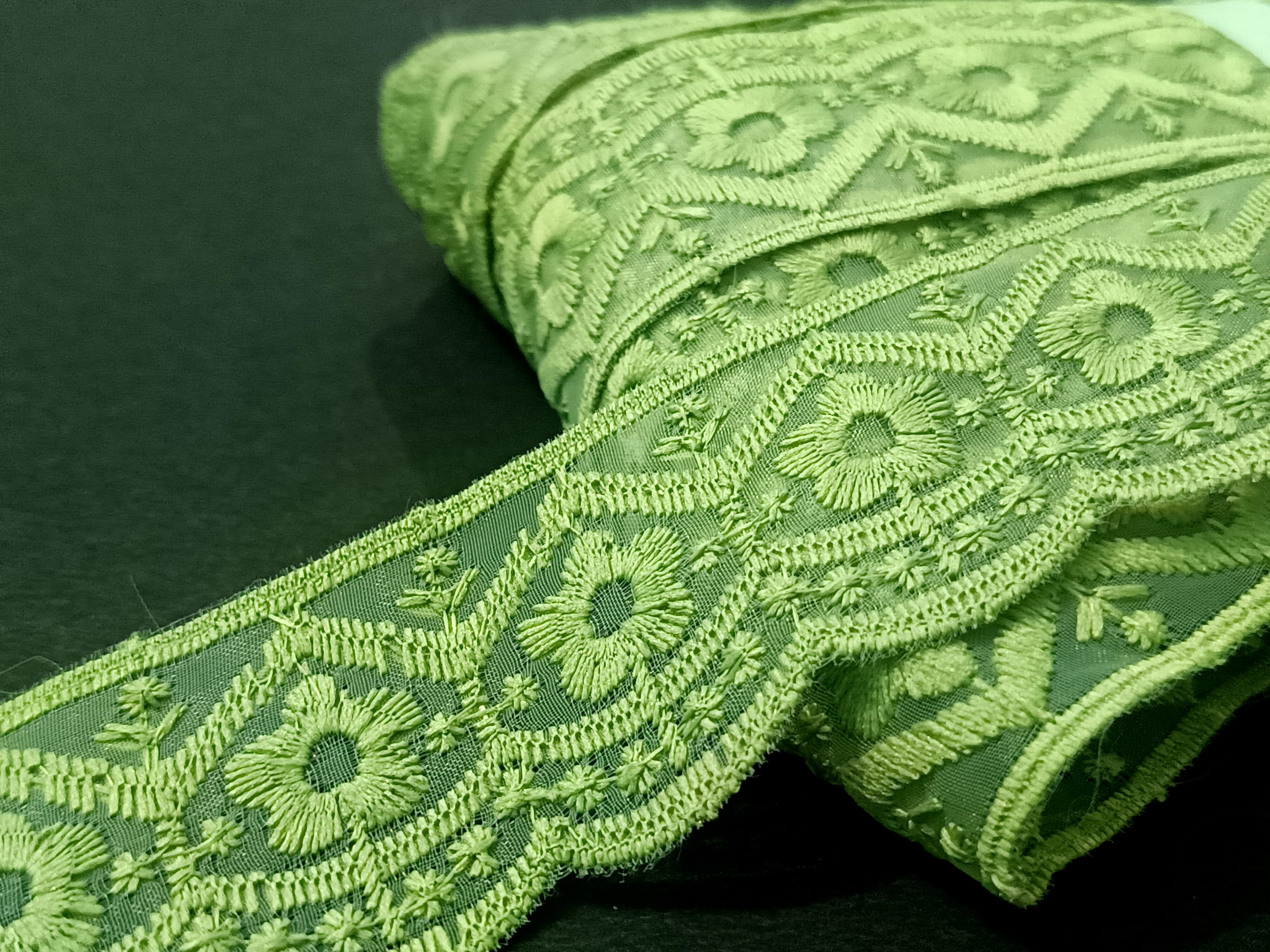 Premium Pistachio Floral Embroidered Net Lace - 10 Meter - Image 2