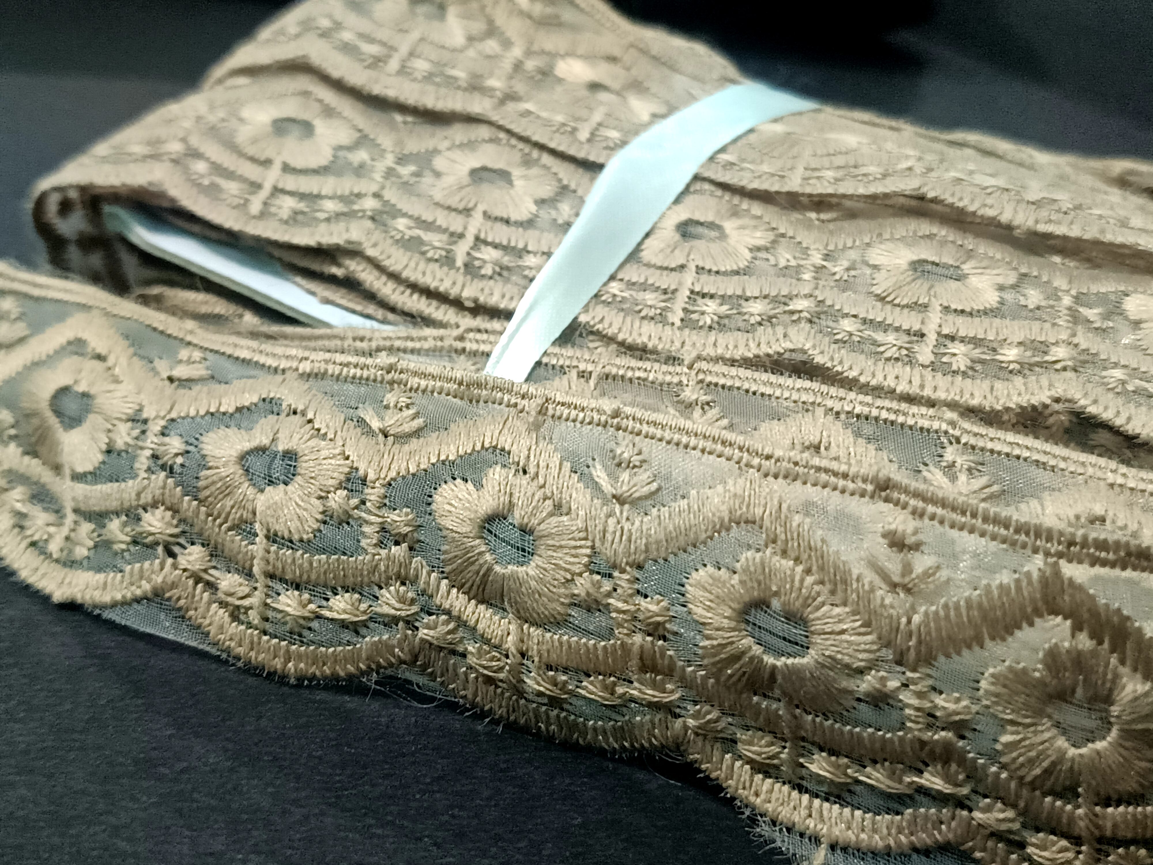 Premium Beige Floral Embroidered Net Lace - 10 Meter - Image 2