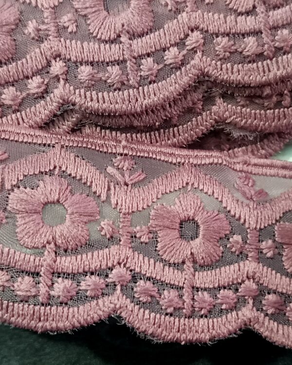 Premium Dusty Rose Floral Embroidered Net Lace - 10 Meter
