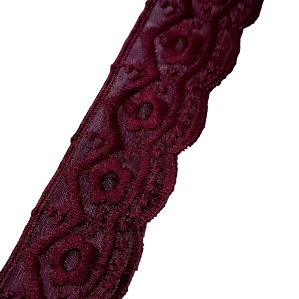 Burgundy Floral Embroidered Organza Lace Trim - 10 Meter