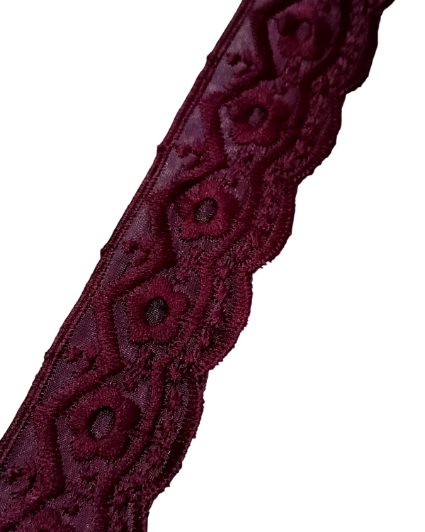 Burgundy Floral Embroidered Organza Lace Trim - 10 Meter
